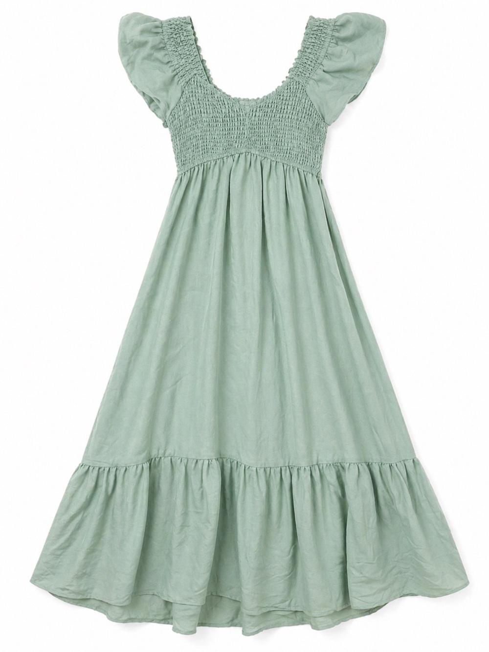 August Sky Sz S Babydoll Stretch Tiered Midi Dress Sage Green Smocked Top